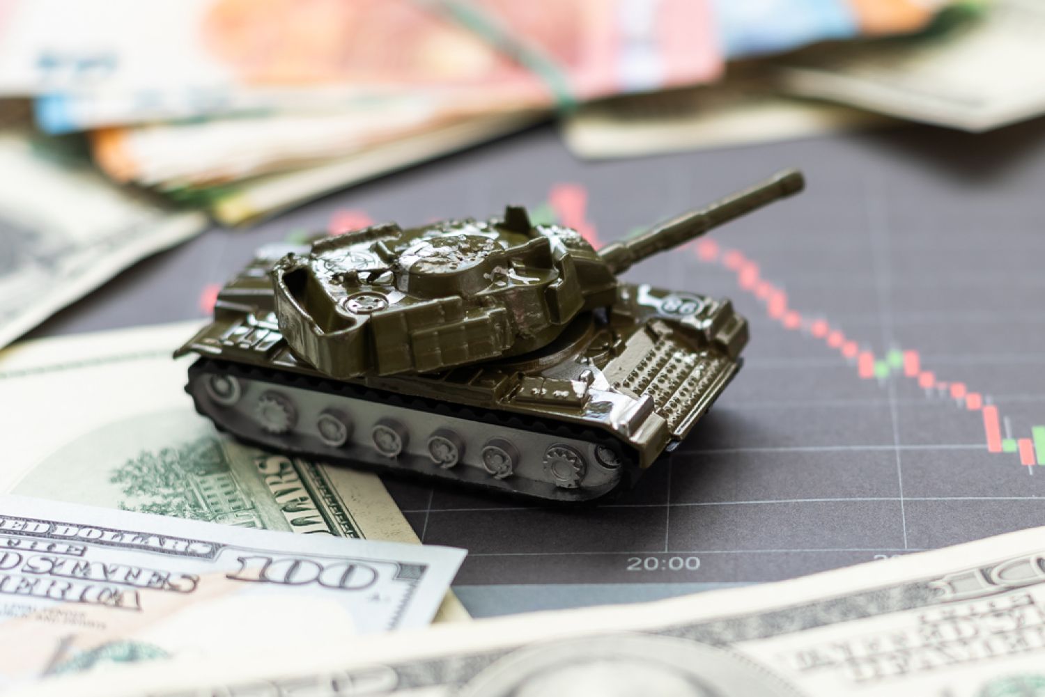 Panzer in mit Geldscheinen und Aktienkursen