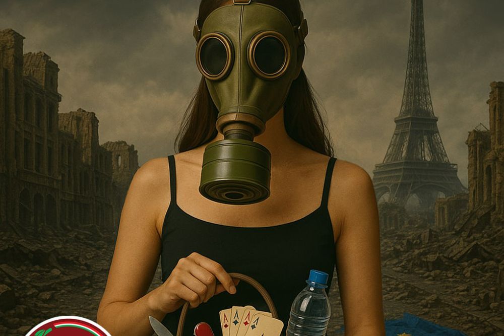 Frau mit Gasmaske vor Paris in Trümmern